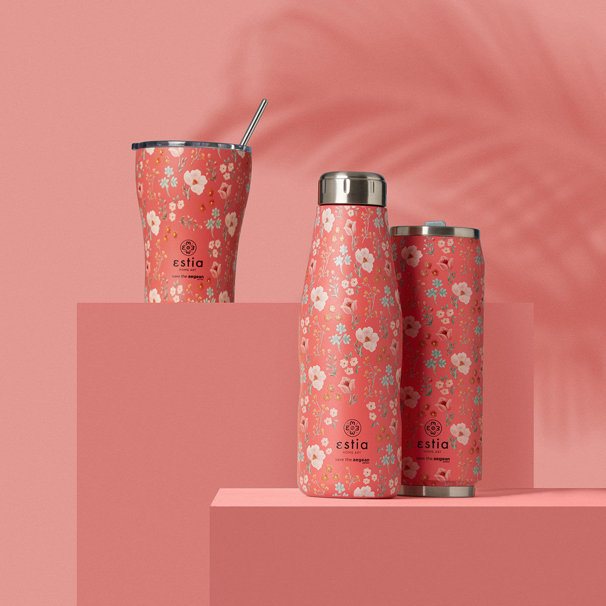 Estia Travel Cup Save The Aegean Ποτήρι Θερμός με Καλαμάκι Bouquet Coral - 500ml