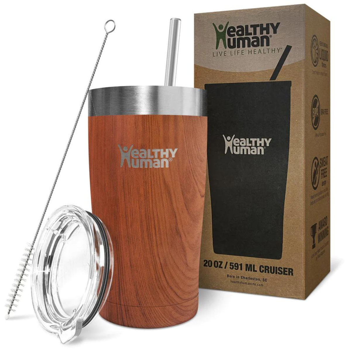Healthy Human Ποτήρι Θερμός Cruiser Tumbler Natural Wood με Καλαμάκι - 591ml