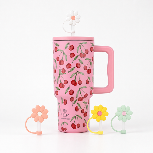 Combo Estia Straw Tumbler XL 900ml & Hugs Straw Toppers Flowers σετ 4τμχ