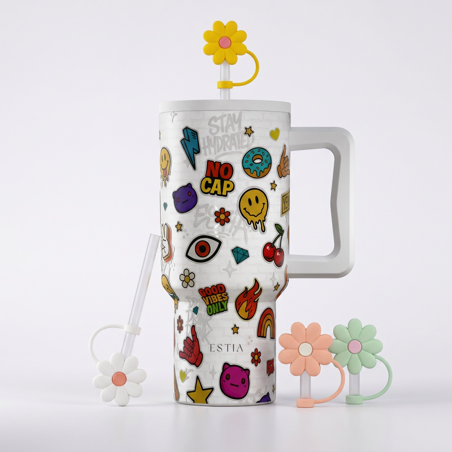 Combo Estia Straw Tumbler XL 900ml Series 4 & Hugs Straw Toppers Flowers σετ 4τμχ