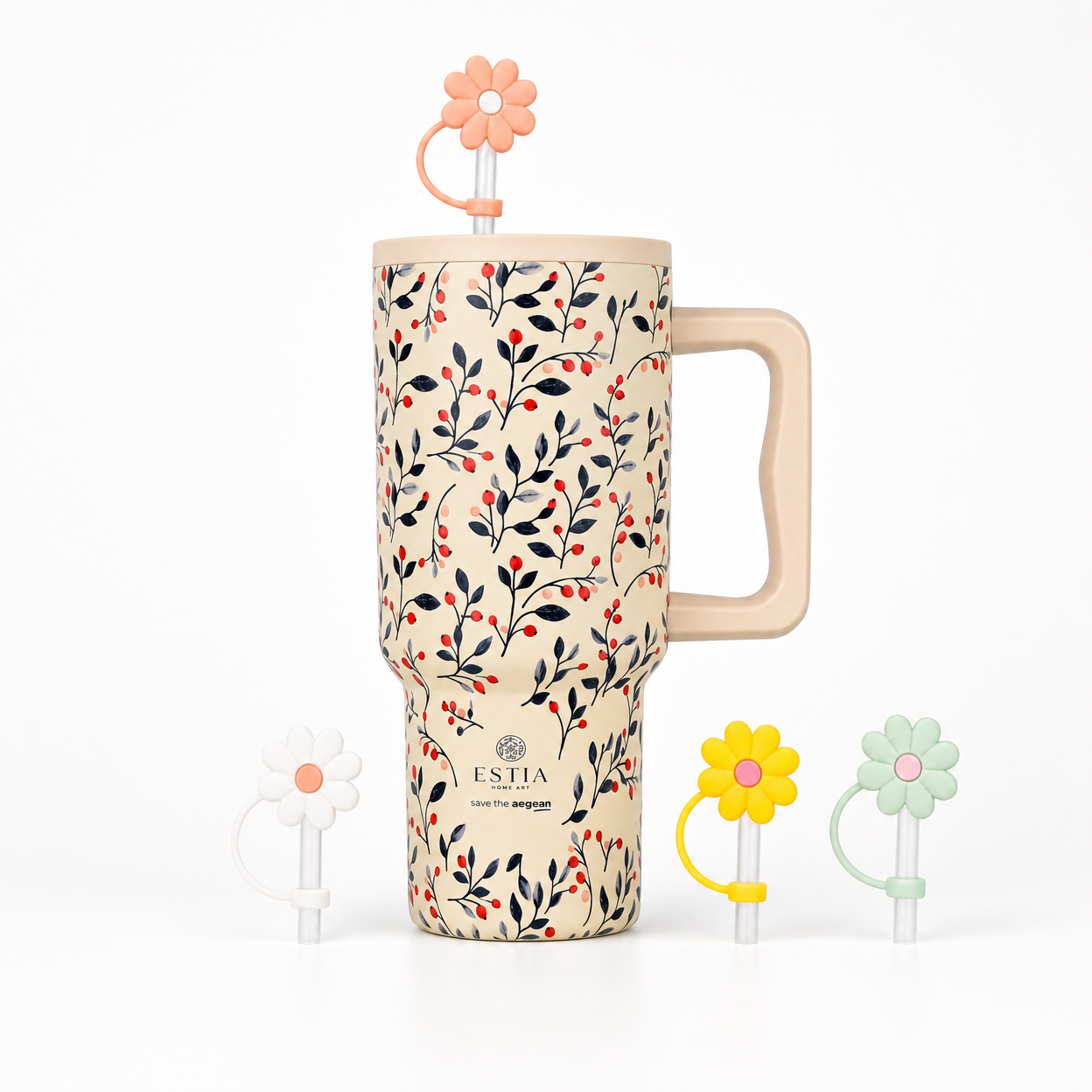 Combo Estia Straw Tumbler XL 900ml & Hugs Straw Toppers Flowers σετ 4τμχ