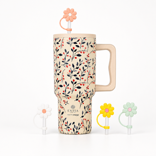 Combo Estia Straw Tumbler XL 900ml & Hugs Straw Toppers Flowers σετ 4τμχ