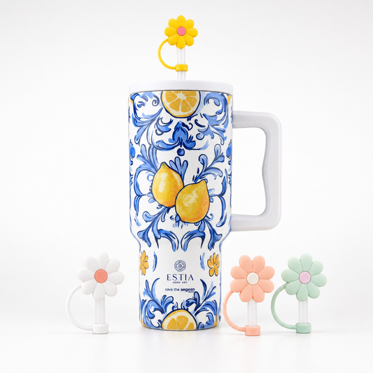 Combo Estia Straw Tumbler XL 900ml & Hugs Straw Toppers Flowers σετ 4τμχ