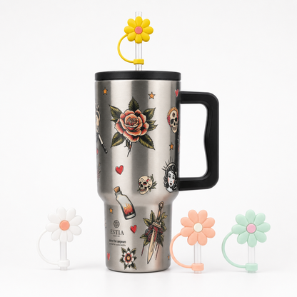 Combo Estia Straw Tumbler XL 900ml & Hugs Straw Toppers Flowers σετ 4τμχ