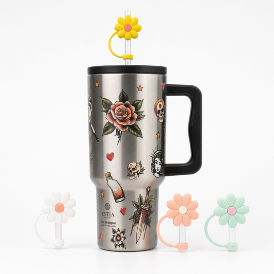 Combo Estia Straw Tumbler XL 900ml & Hugs Straw Toppers Flowers σετ 4τμχ