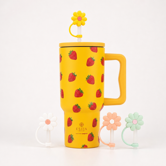 Combo Estia Straw Tumbler XL 900ml & Hugs Straw Toppers Flowers σετ 4τμχ