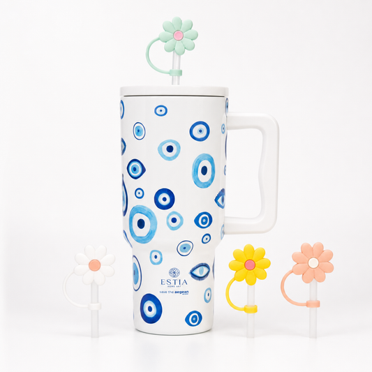 Combo Estia Straw Tumbler XL 900ml & Hugs Straw Toppers Flowers σετ 4τμχ