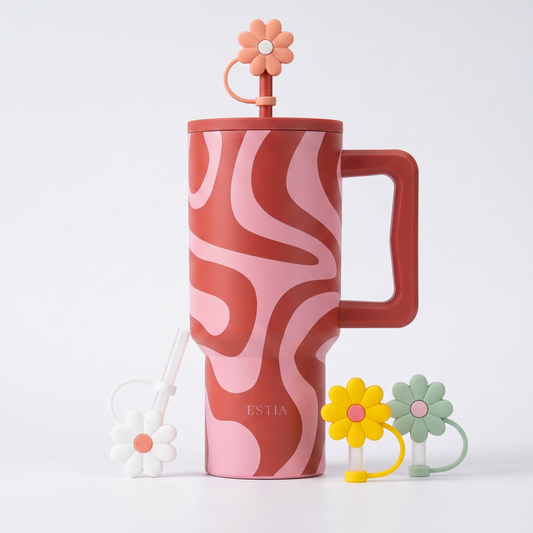 Combo Estia Straw Tumbler XL 900ml Series 4 & Hugs Straw Toppers Flowers σετ 4τμχ