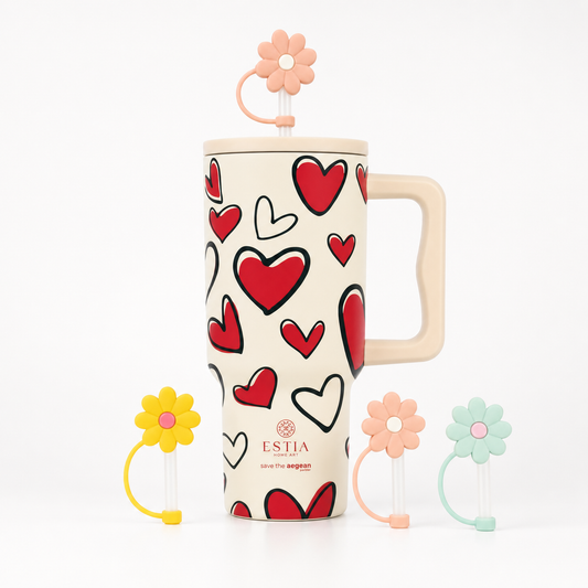 Combo Estia Straw Tumbler XL 900ml & Hugs Straw Toppers Flowers σετ 4τμχ