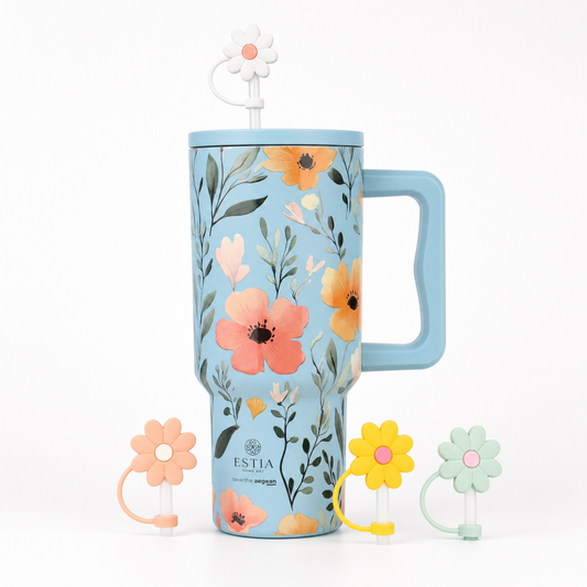 Combo Estia Straw Tumbler XL 900ml & Hugs Straw Toppers Flowers σετ 4τμχ