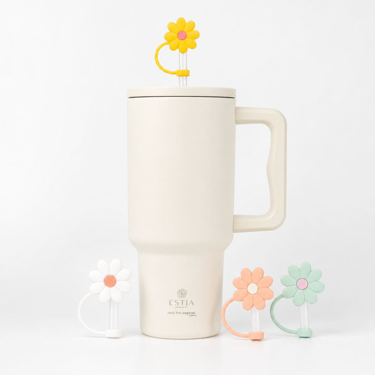 Combo Estia Straw Tumbler XL 900ml & Hugs Straw Toppers Flowers σετ 4τμχ