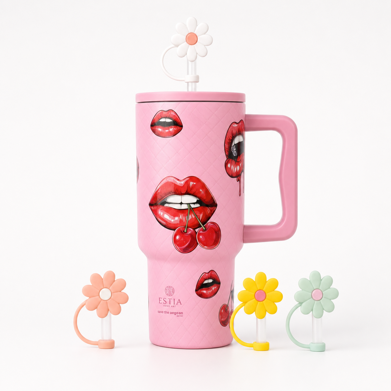 Combo Estia Straw Tumbler XL 900ml & Hugs Straw Toppers Flowers σετ 4τμχ