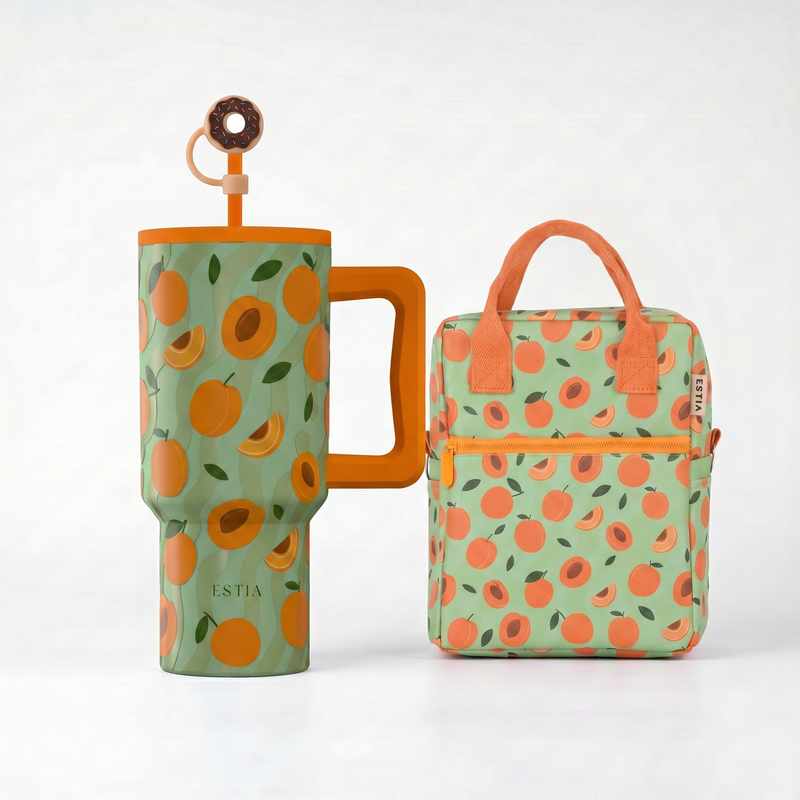 Combo Estia Straw Tumbler XL 900ml & Cover & Lunchbag Peach Garden