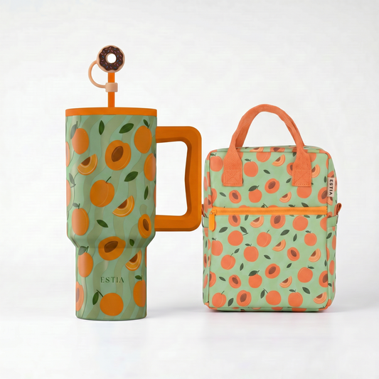 Combo Estia Straw Tumbler XL 900ml & Cover & Lunchbag Peach Garden