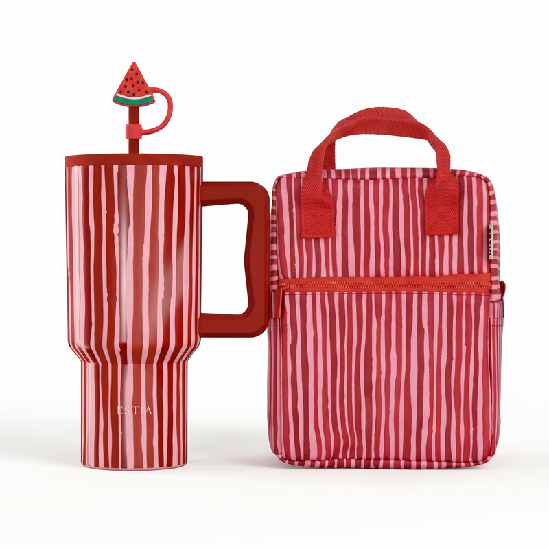 Combo Estia Straw Tumbler XL 900ml & Cover & Lunchbag Viva Stripe