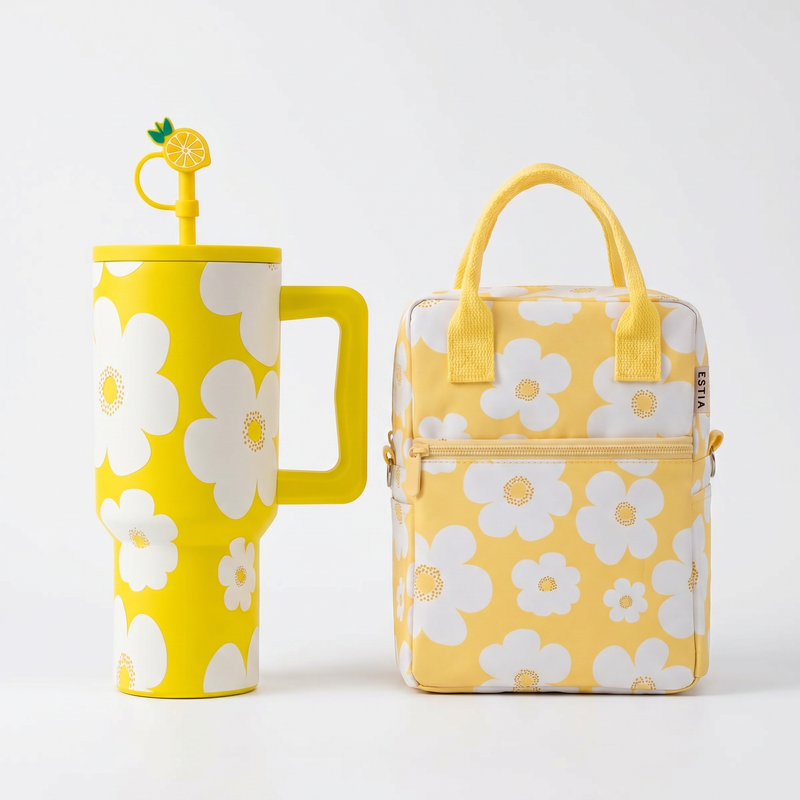 Combo Estia Straw Tumbler XL 900ml & Cover & Lunchbag Yellow Daisy