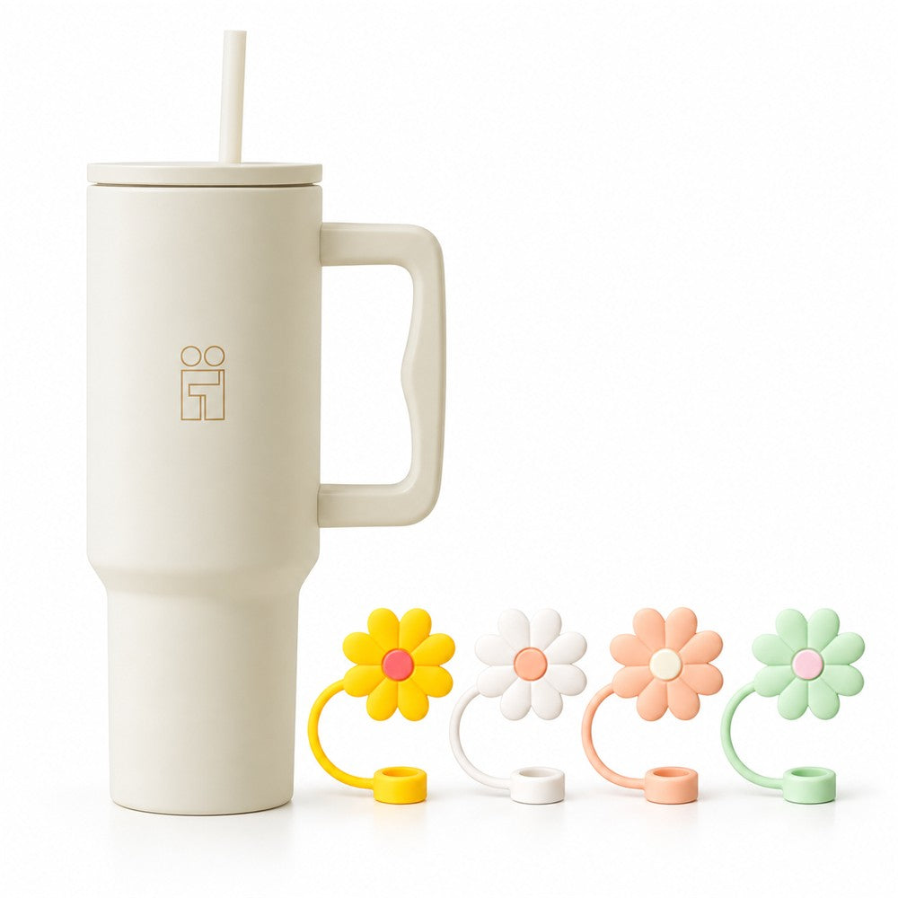 Combo Hugs My Tumbler 1200ml Cream Beige & Flowers Toppers σετ 4τμχ