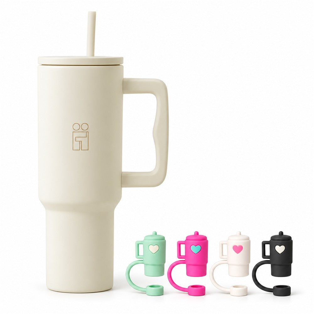 Combo Hugs My Tumbler 1200ml Cream Beige & Mini Tumblers Toppers σετ 4τμχ