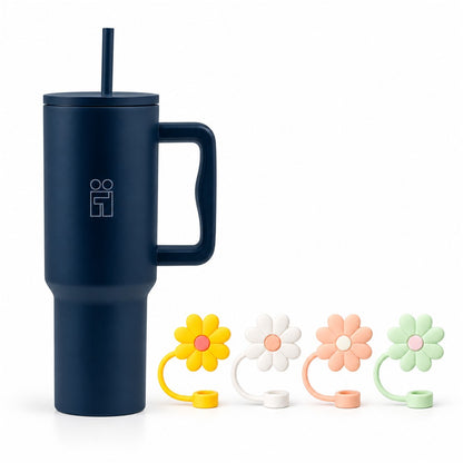Combo Hugs My Tumbler 1200ml Deep Navy Blue & Flowers Toppers σετ 4τμχ