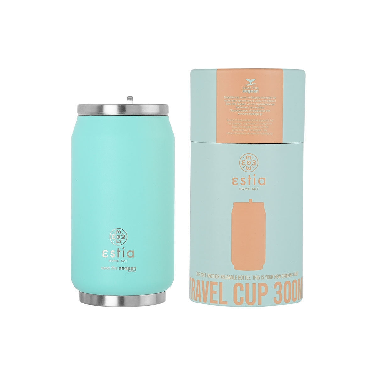 Estia Travel Cup Save The Aegean Ποτήρι Θερμός με Καλαμάκι Bermuda Green - 300ml