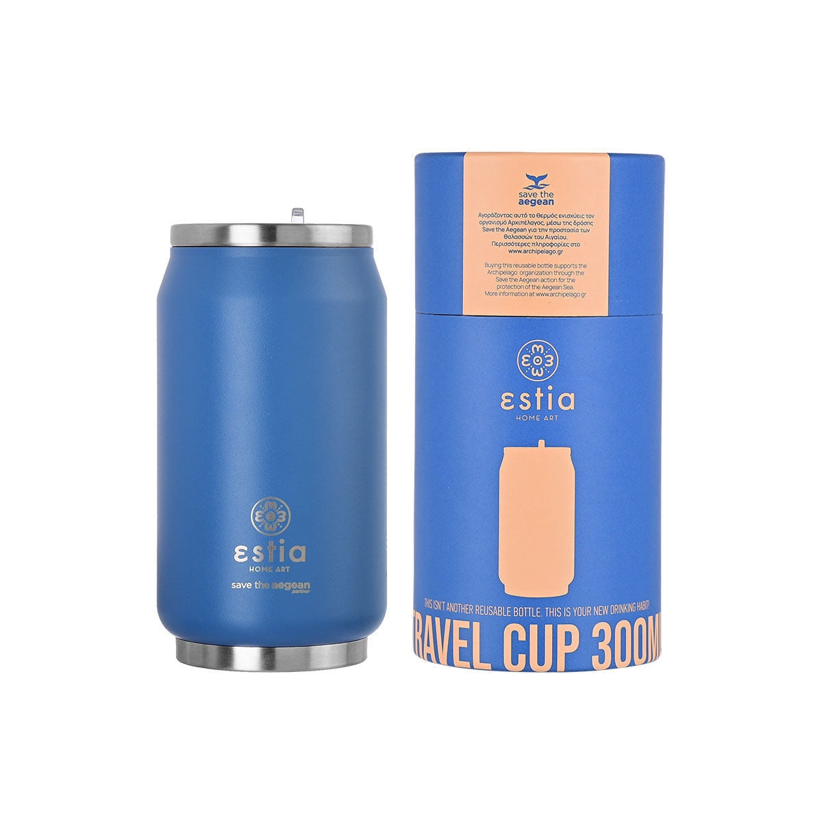 Estia Travel Cup Save The Aegean Ποτήρι Θερμός με Καλαμάκι Denim Blue - 300ml