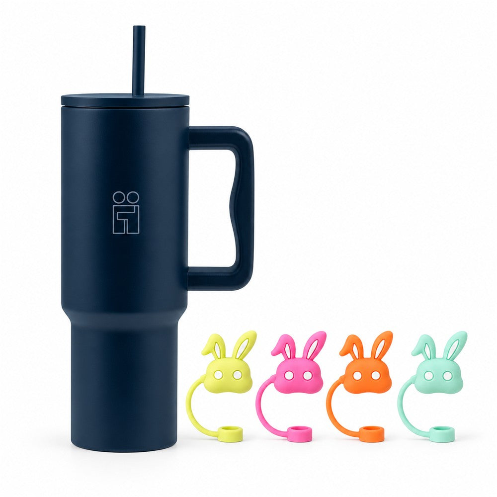 Combo Hugs My Tumbler 1200ml Deep Navy Blue & Straw Toppers Bunnies Σετ 4τμχ