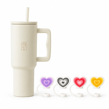 Combo Hugs My Tumbler 1200ml Cream Beige & Straw Toppers Hearts Σετ 4τμχ