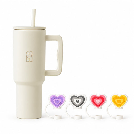 Combo Hugs My Tumbler 1200ml Cream Beige & Straw Toppers Hearts Σετ 4τμχ