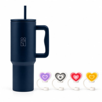 Combo Hugs My Tumbler 1200ml Deep Navy Blue & Straw Toppers Hearts Σετ 4τμχ