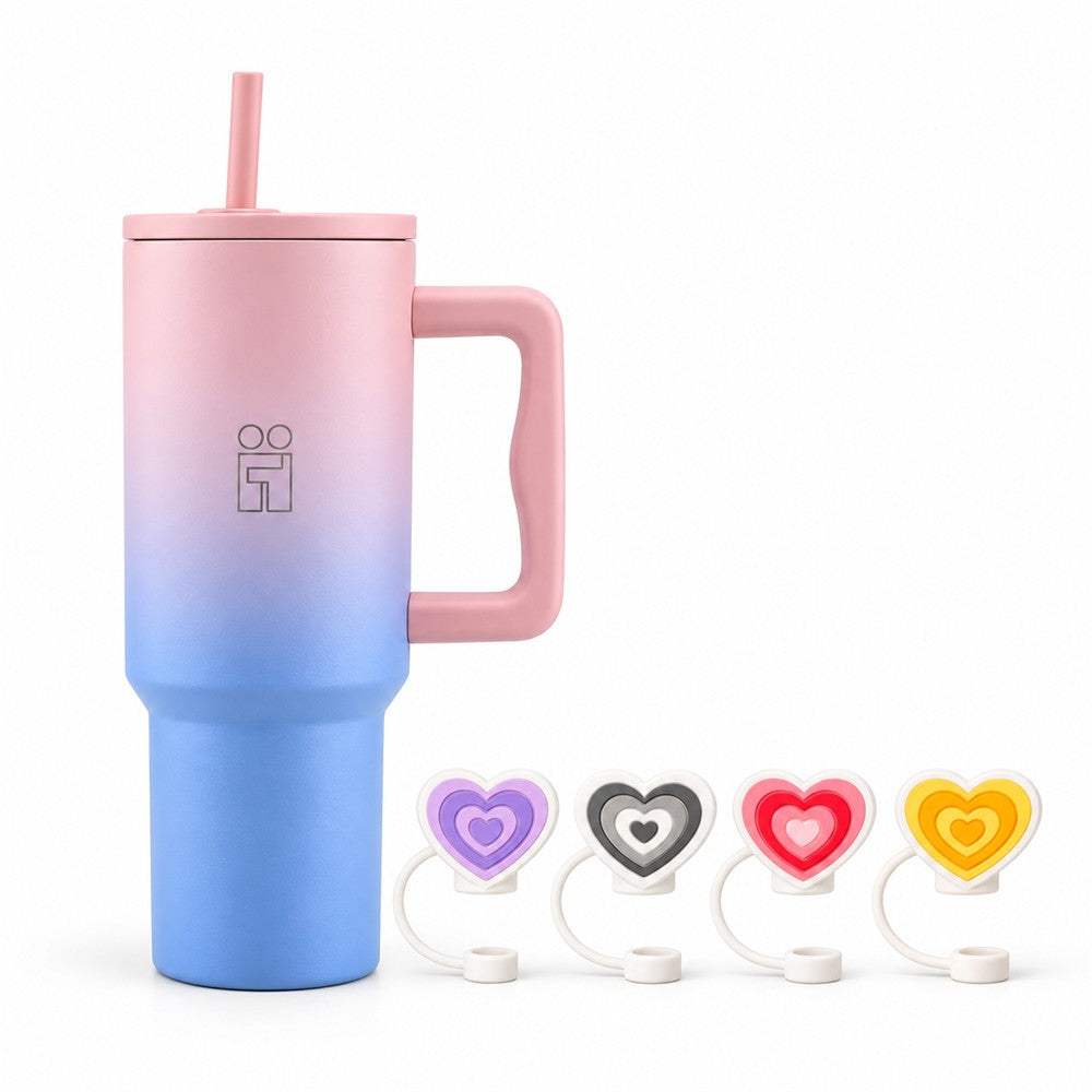 Combo Hugs My Tumbler 1200ml Ombre Pink & Straw Toppers Hearts Σετ 4τμχ