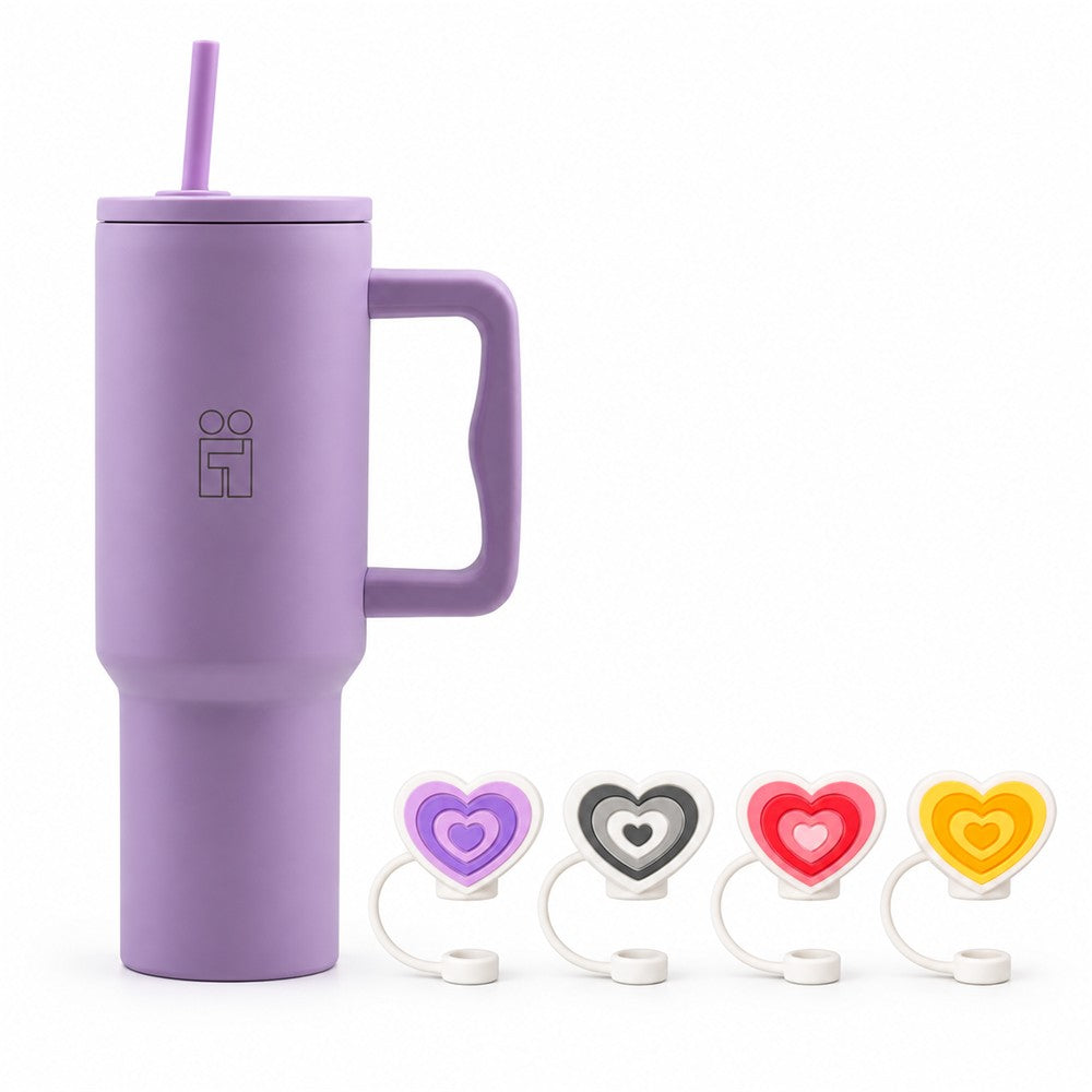 Combo Hugs My Tumbler 1200ml Purple Calm & Straw Toppers Hearts Σετ 4τμχ