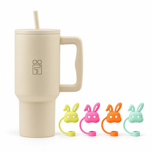 Combo Hugs My Tumbler 900ml Cream Beige & Straw Toppers Bunnies Σετ 4τμχ