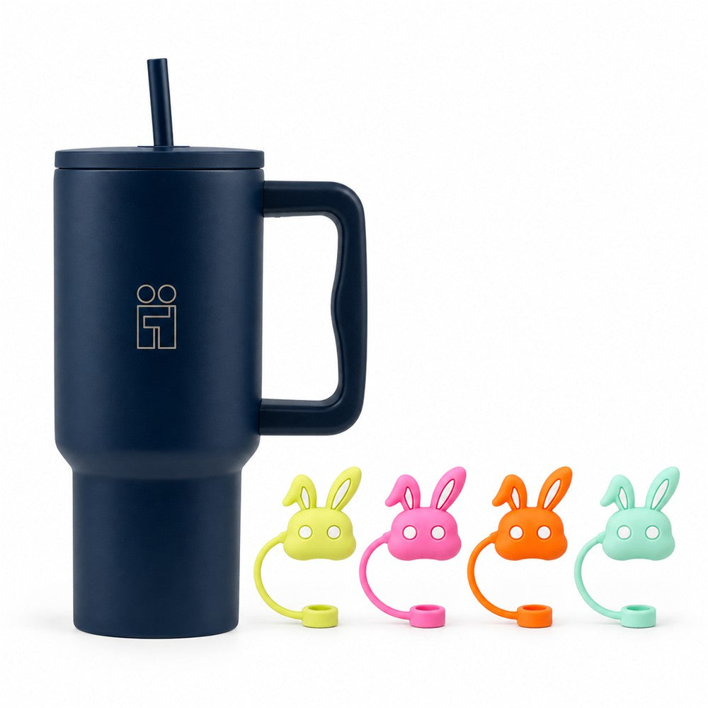 Combo Hugs My Tumbler 900ml Deep Navy Blue & Straw Toppers Bunnies Σετ 4τμχ