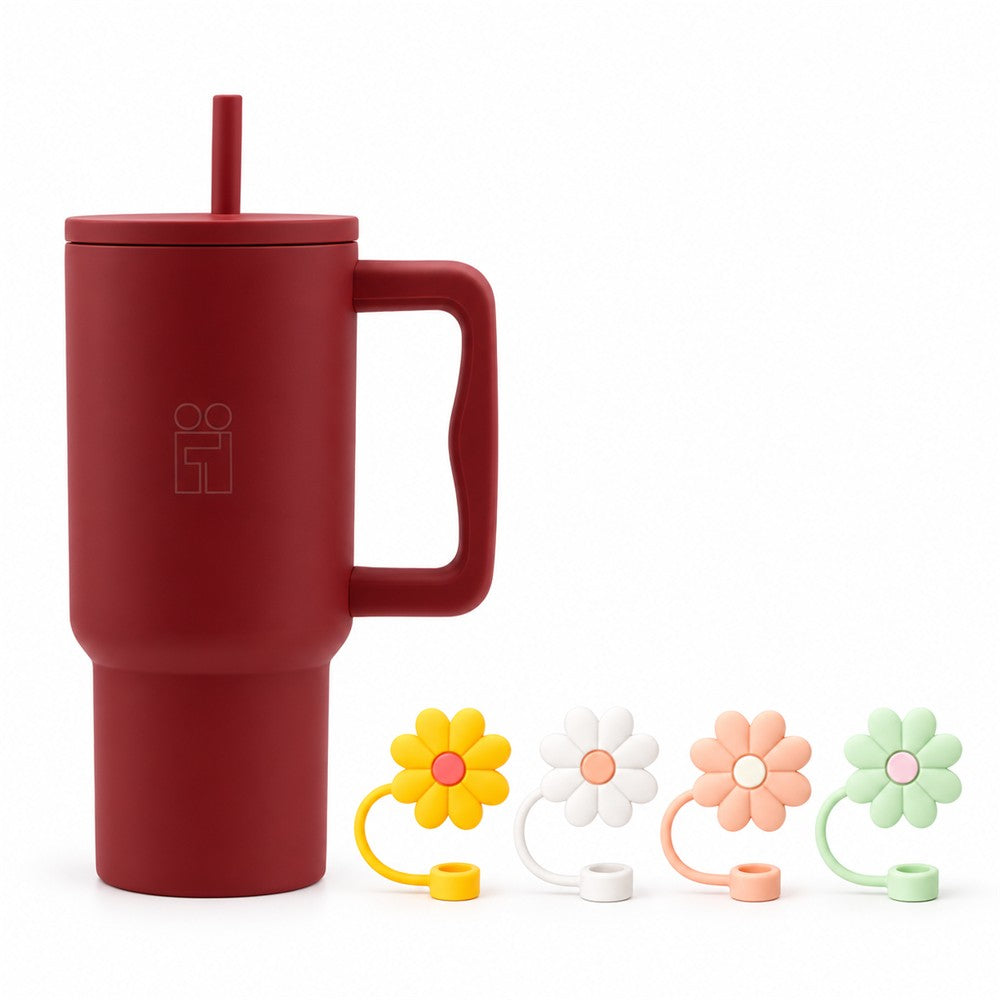 Combo Hugs My Tumbler 900ml Autumn Red & Straw Toppers Flowers Σετ 4τμχ