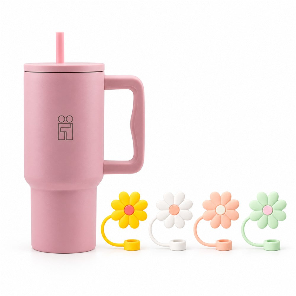 Combo Hugs My Tumbler 900ml Blush Mood & Straw Toppers Flowers Σετ 4τμχ