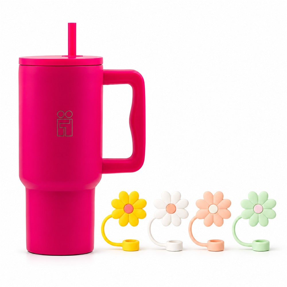 Combo Hugs My Tumbler 900ml Bold Heart & Straw Toppers Flowers Σετ 4τμχ