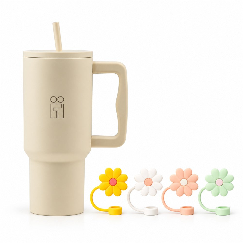 Combo Hugs My Tumbler 900ml Cream Beige & Straw Toppers Flowers Σετ 4τμχ