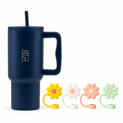 Combo Hugs My Tumbler 900ml Deep Navy Blue & Straw Toppers Flowers Σετ 4τμχ