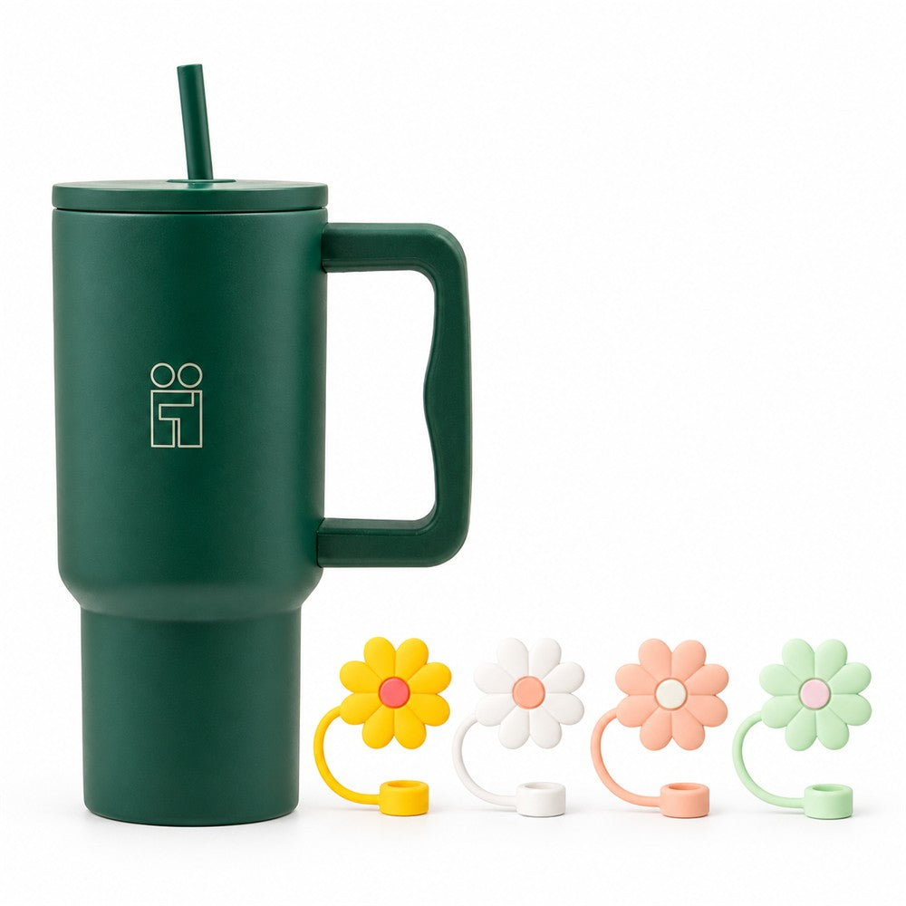 Combo Hugs My Tumbler 900ml Earth Touch & Straw Toppers Flowers Σετ 4τμχ