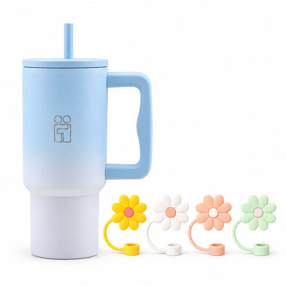 Combo Hugs My Tumbler 900ml Ombre Blue & Straw Toppers Flowers Σετ 4τμχ