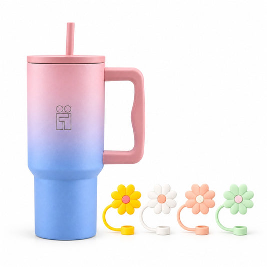 Combo Hugs My Tumbler 900ml Ombre Pink & Straw Toppers Flowers Σετ 4τμχ