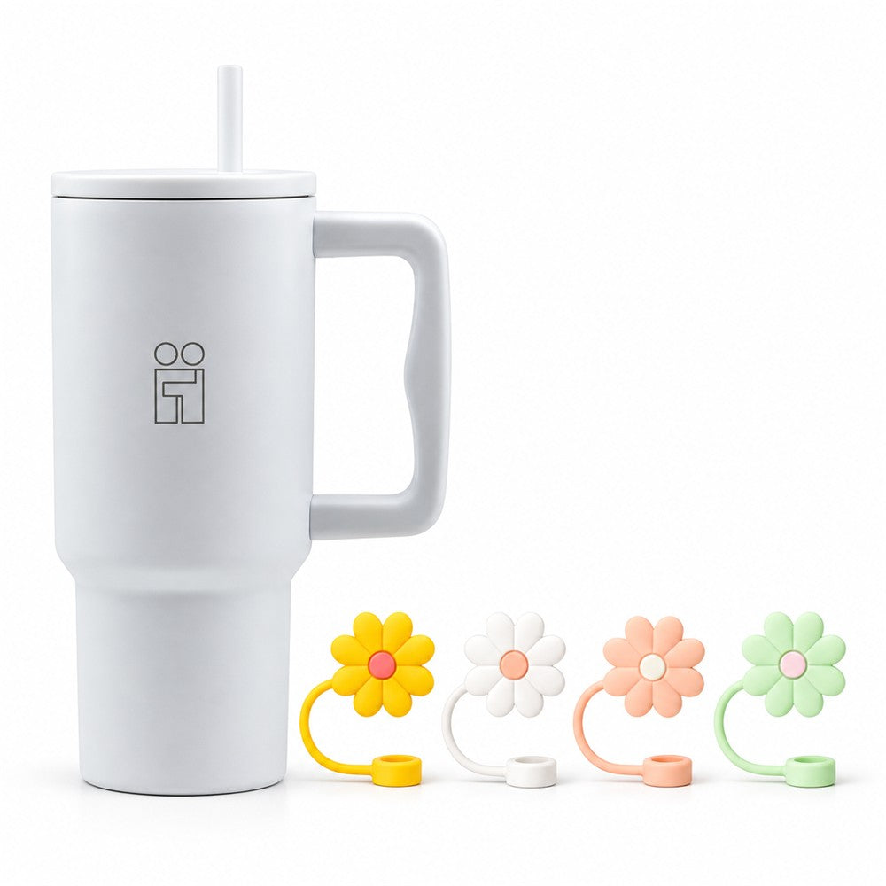 Combo Hugs My Tumbler 900ml Pure Feel & Straw Toppers Flowers Σετ 4τμχ