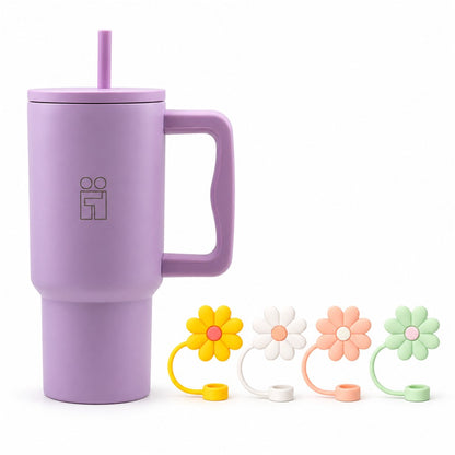 Combo Hugs My Tumbler 900ml Purple Calm & Straw Toppers Flowers Σετ 4τμχ