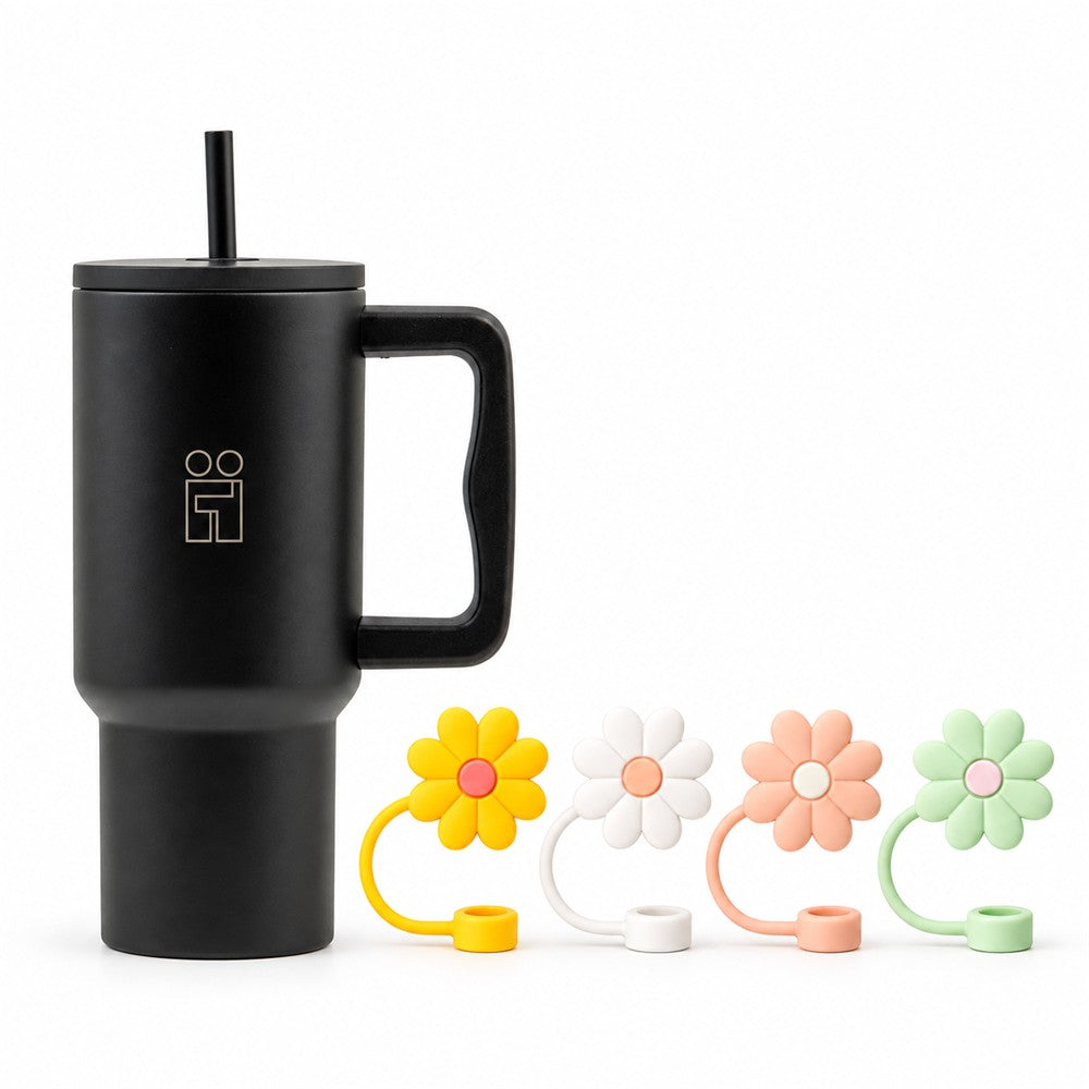 Combo Hugs My Tumbler 900ml Silent Night & Straw Toppers Flowers Σετ 4τμχ
