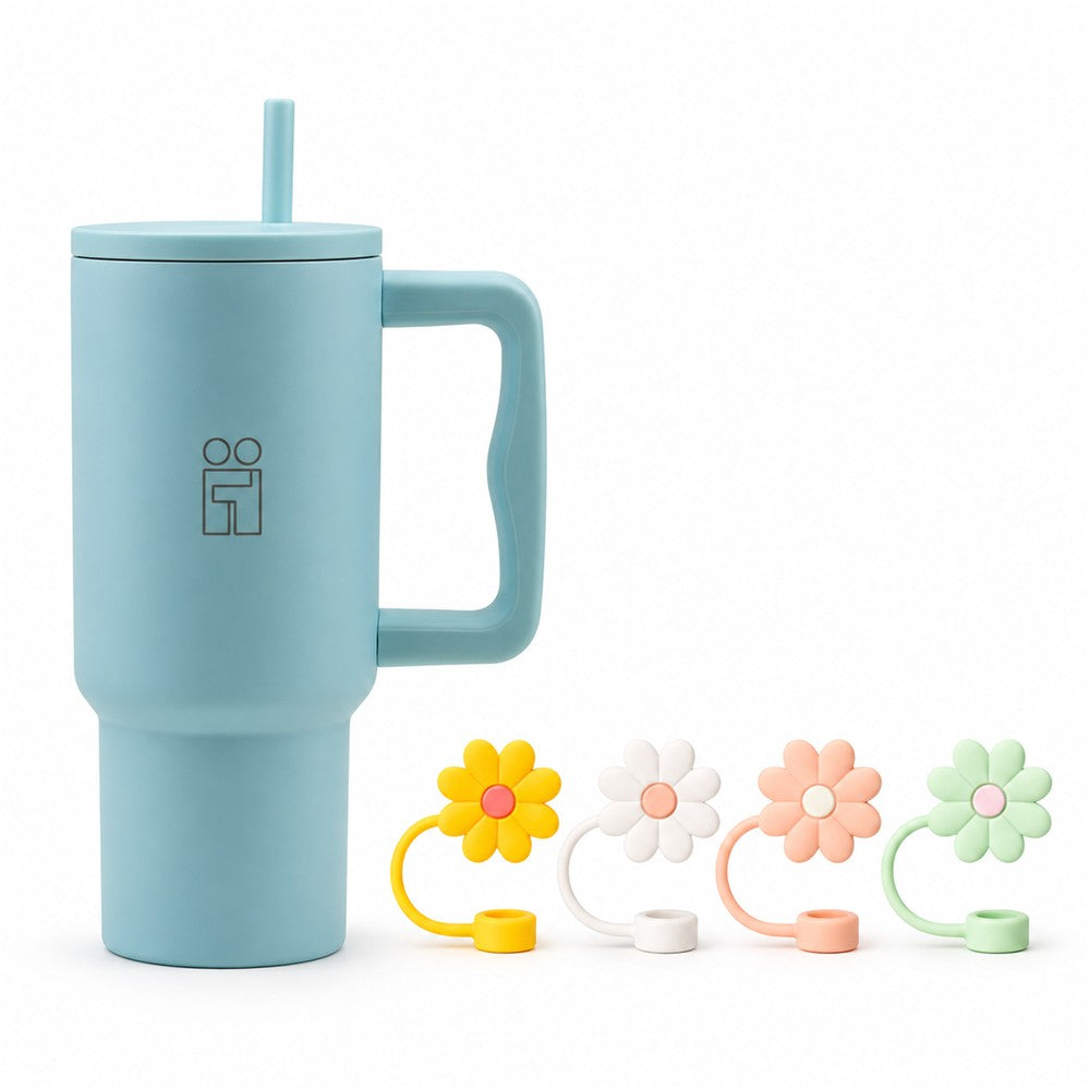 Combo Hugs My Tumbler 900ml Soft Sky & Straw Toppers Flowers Σετ 4τμχ