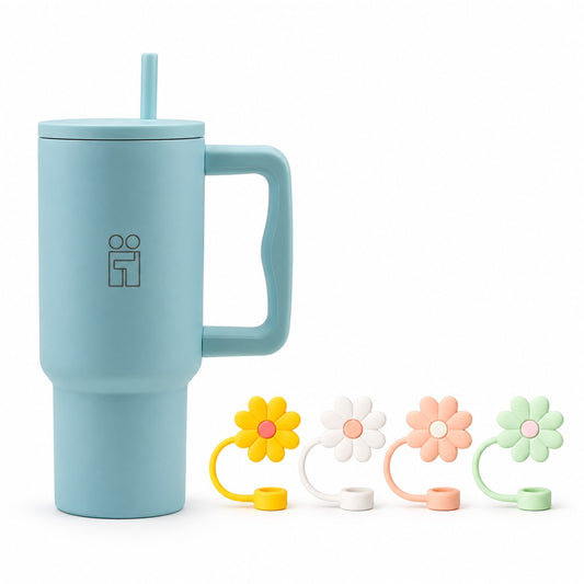 Combo Hugs My Tumbler 900ml Soft Sky & Straw Toppers Flowers Σετ 4τμχ