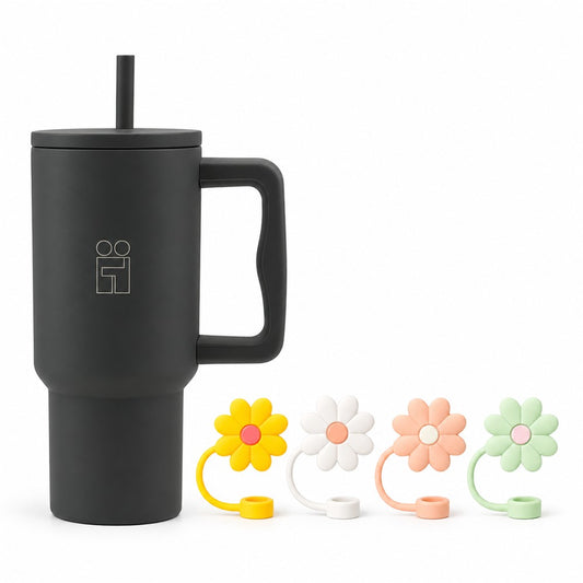 Combo Hugs My Tumbler 900ml Steel Grey & Straw Toppers Flowers Σετ 4τμχ