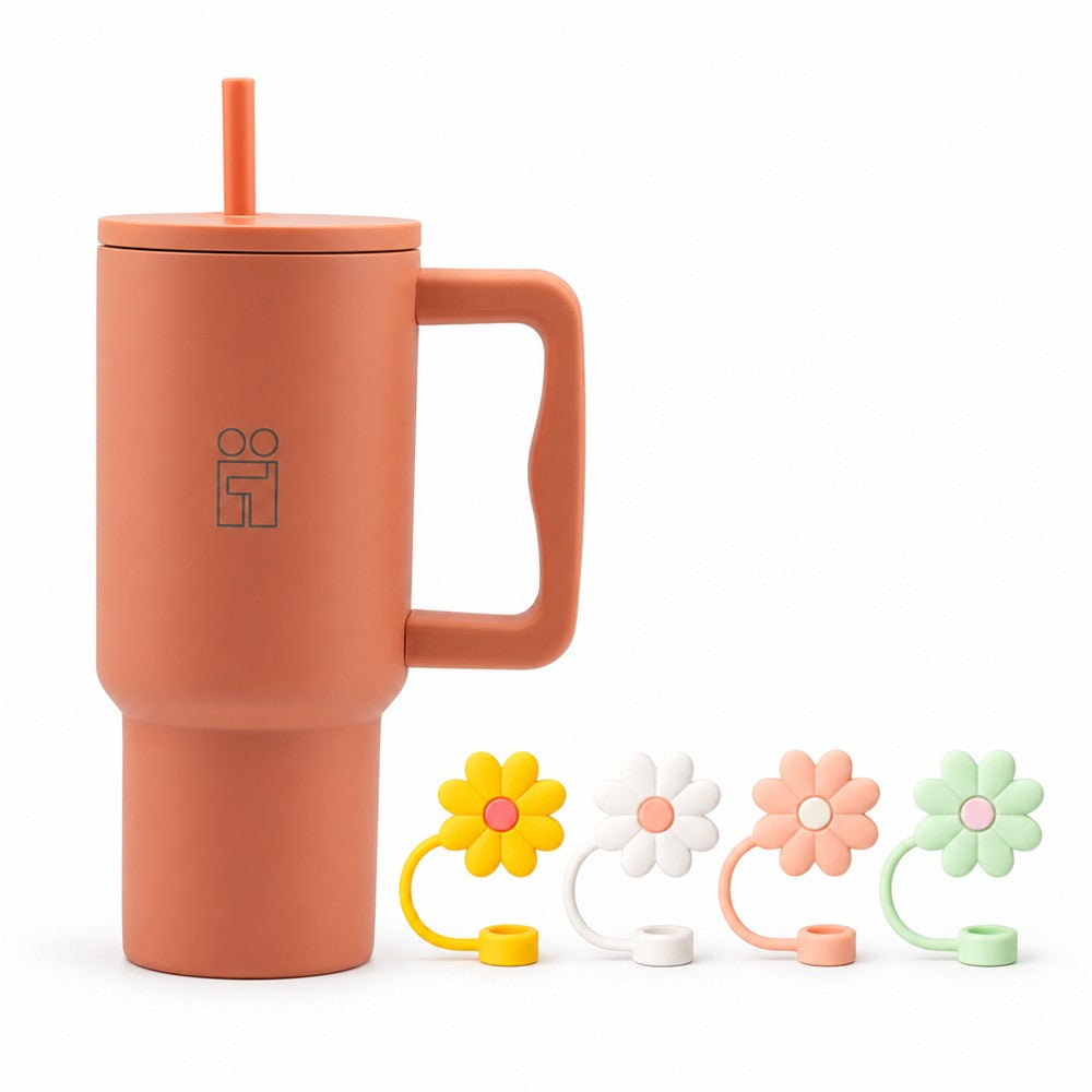 Combo Hugs My Tumbler 900ml Warm Light & Straw Toppers Flowers Σετ 4τμχ