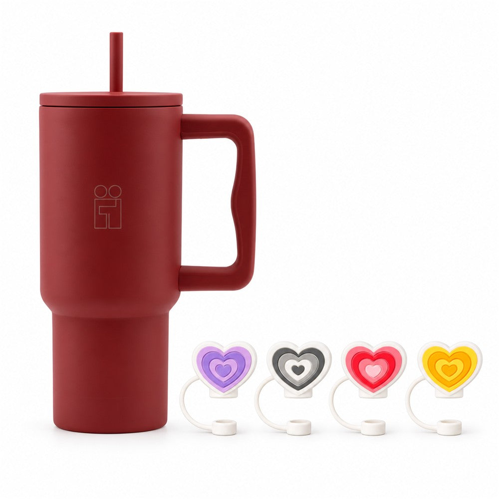Combo Hugs My Tumbler 900ml Autumn Red & Straw Toppers Hearts Σετ 4τμχ