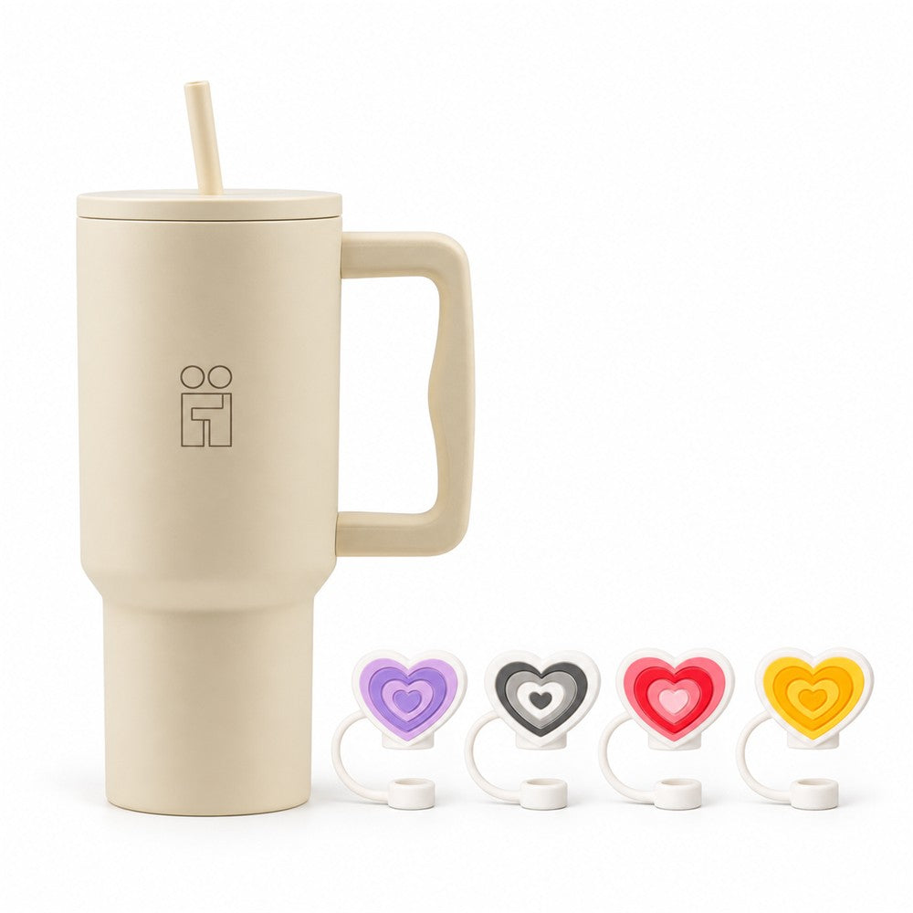 Combo Hugs My Tumbler 900ml Cream Beige & Straw Toppers Hearts Σετ 4τμχ